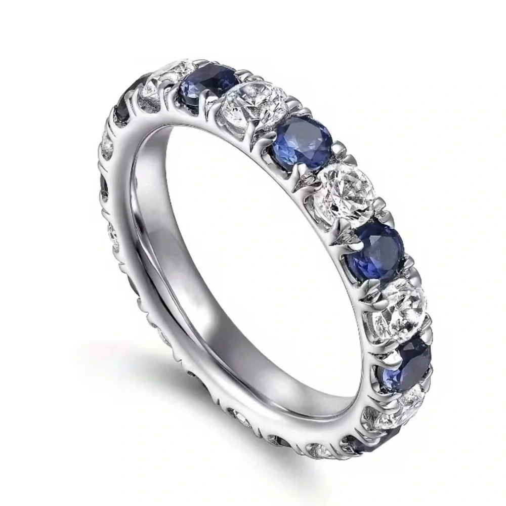 Silver White and Blue Sapphire Moissanite Gemstone Band Ring - Size 7